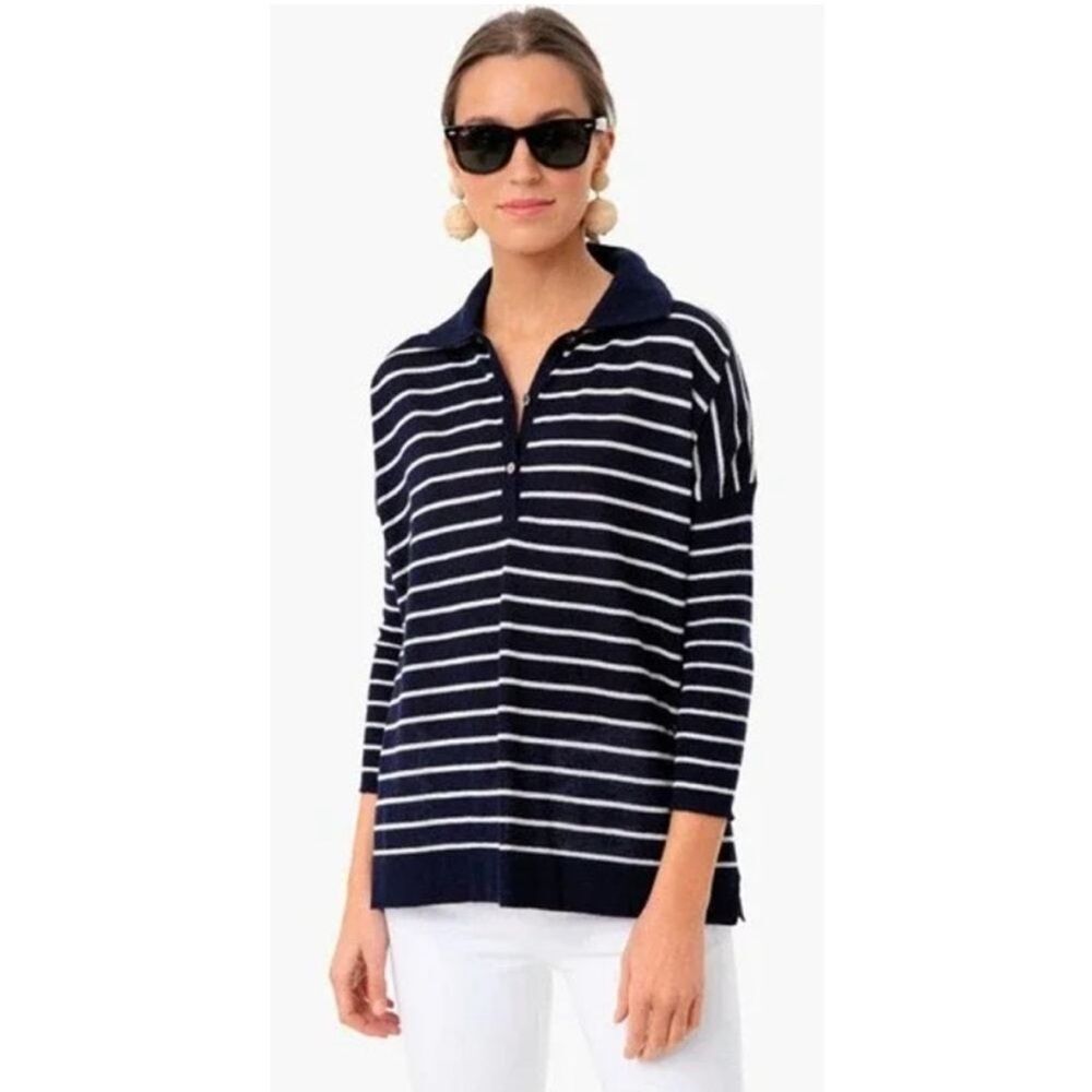 Tuckernuck Navy White Striped Clayton Knit Polo Linen Shirt 3/4 Sleeve Size XS/S